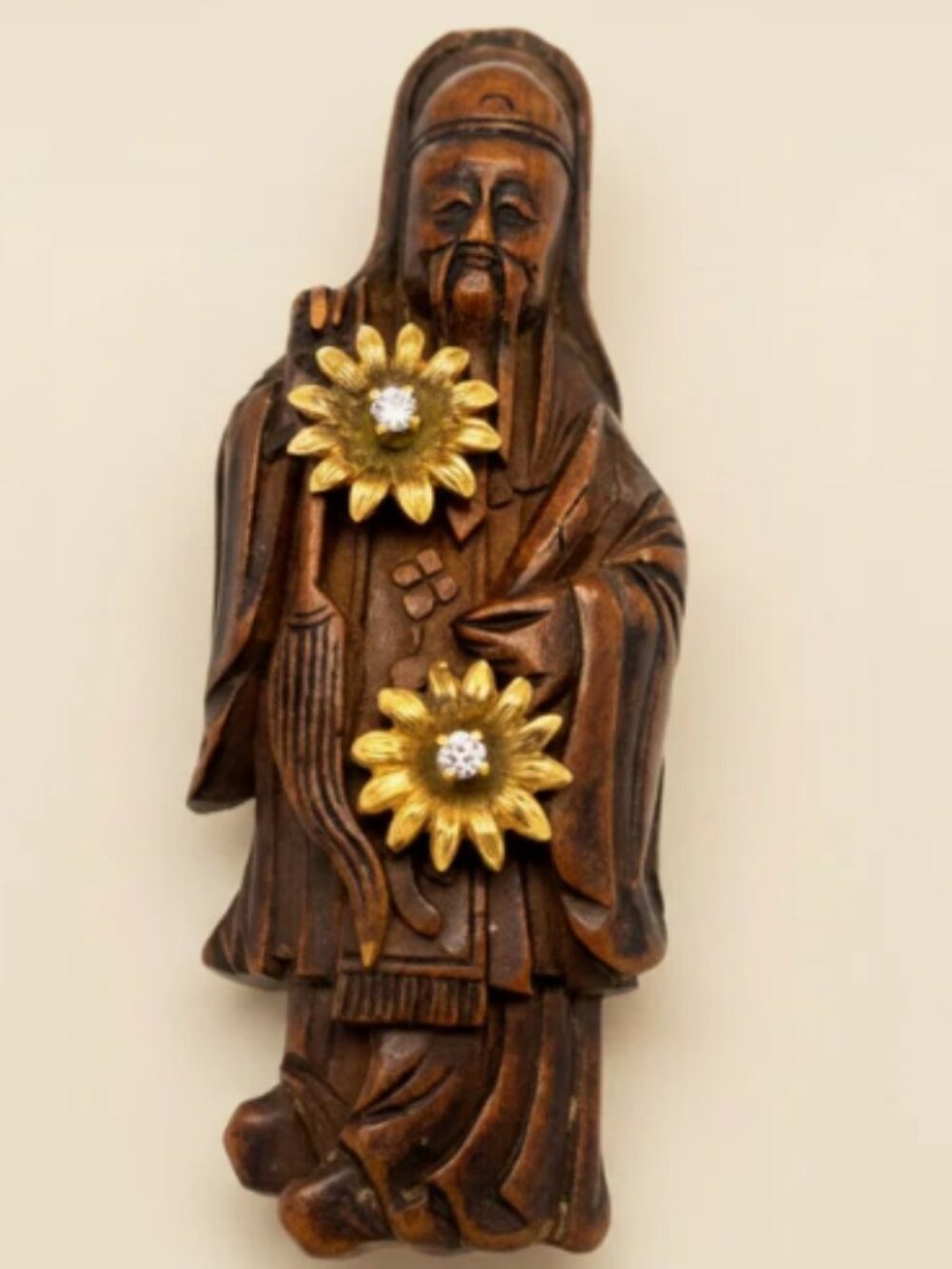 14K Incredible Petrified Wood Carved Diamond Chinese Philosopher Yellow Gold Pin